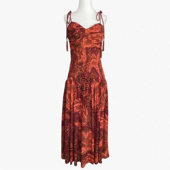 FARM Rio Drop-Waist Printed Midi Dress Orange Maroon Medium NWT Dresses FARM Rio Drop-Waist Printed Midi Dress Orange Maroon Medium NWT Dresses